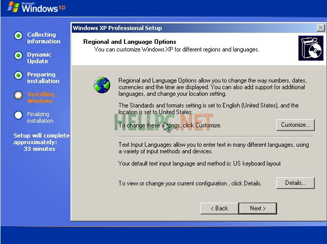 Configure Windows XP options - install Windows XP