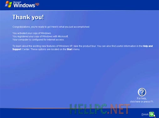 Click Finish to complete Windows XP installation