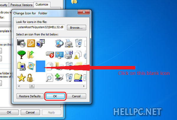 Select Transparent or Blank icon to make invisible Folder in Windows