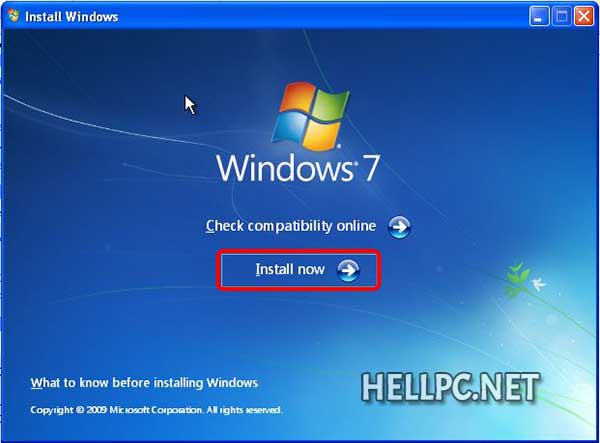 Click Install Now to start Windows 7 setup from within Windows XP