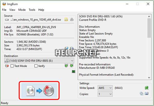 Click the Burn button to create bootable Windows installation disc using imgburn
