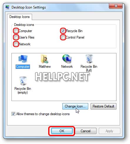 Select icons to display on Windows 7 desktop