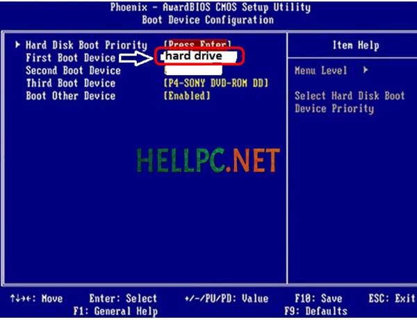 Set first boot device to HDD in old BIOS