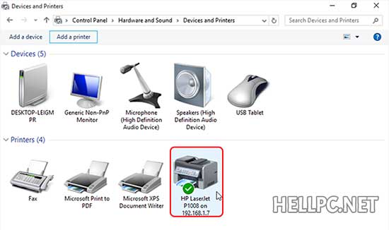 Shared printer added to the list of printer - Share printer on LAN Network