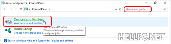 Search and open Devices and Printers from Control Panel