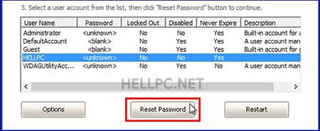 Select a user and click Reset Password to reset lost user password in Windows 10