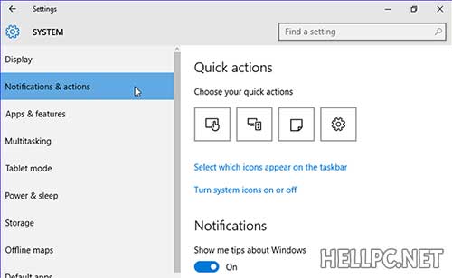 Change Notifications settings in Windows 10