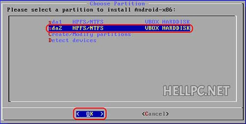 Select a partition to install Android with Windows