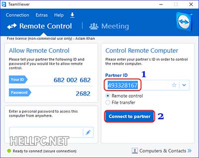 Enter TeamViewer ID and click Connect to start remote connection using TeamViewer