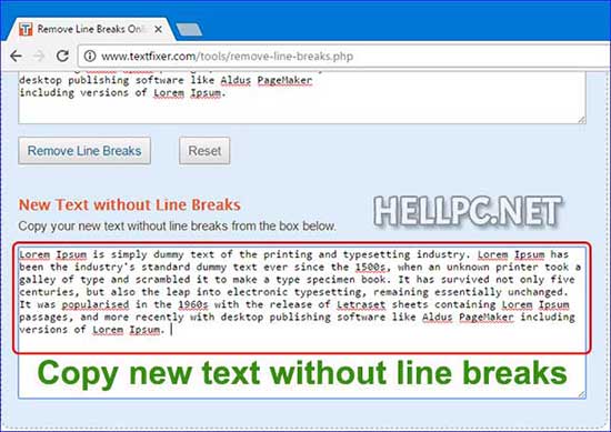 Copy the text without Line Breaks from output text box