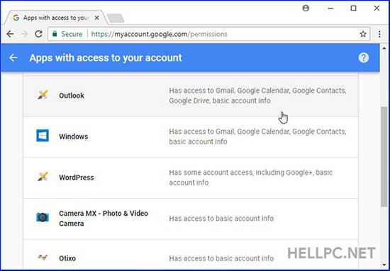Apps and Websites with access to your Google account
