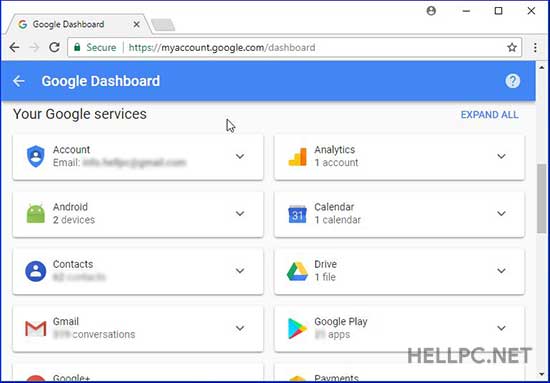 Google Dashboard - services connected with your account