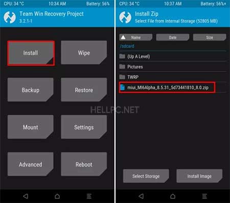 Select and install MIUI 12 ROM on Xiaomi device using TWRP
