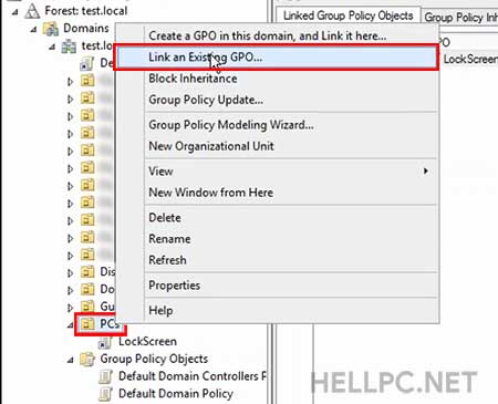 Right-click on OU and select Link an Existing GPO