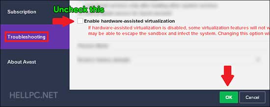 Disable hardware-assisted virtualization in Avast antivirus