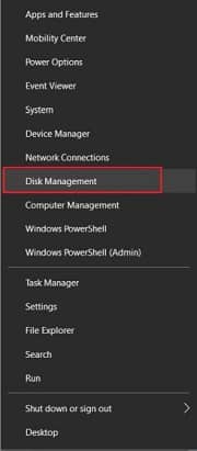 Right-click on Start button and select Disk Management