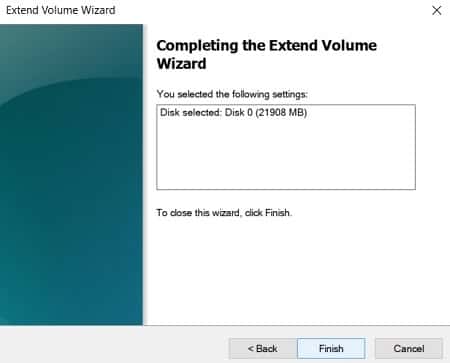 Finish the Extend C Drive Volume Wizard