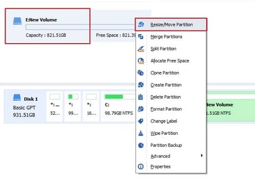 Right-click the Volume and Select Resize/Move Partition in AOMEI