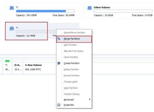 Right-click on Un-allocated Space and Select Merge Partitions in AOMEI Partition Assistant