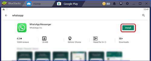Search and install WhatsApp from Play Store in BlueStacks - install WhatsApp on PC