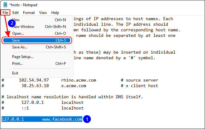 Block Websites In Hosts File And Save The Hosts File