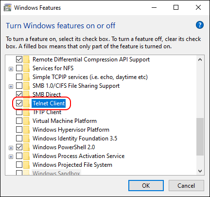 Check The Box To Enable Telnet Client And Click Ok