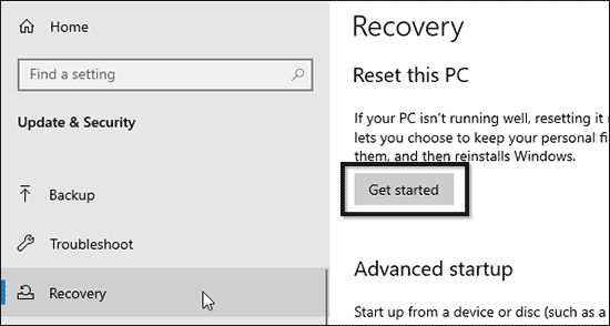 Click On Recovery On Left Pane And Then Click On Get Started Under Reset This Pc