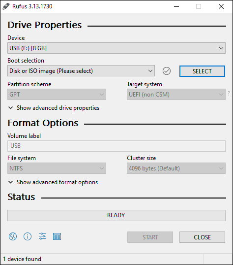 Launch Rufus And Click On Select To Browse For ISO - Create Windows 10 bootable USB using Rufus
