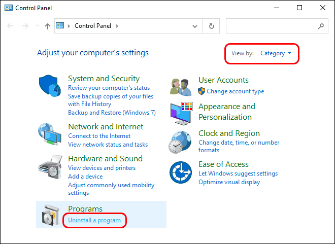 Select View Type Category And Click Uninstall A Program From Programs Menu