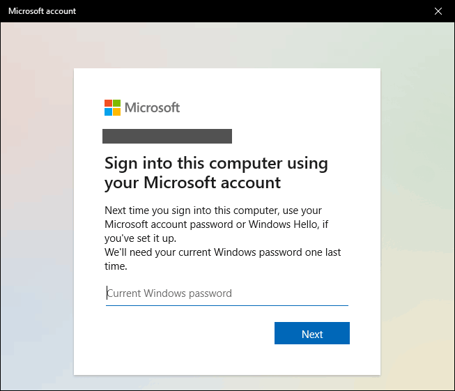 Type Your Current Windows 10 Password And Click Next