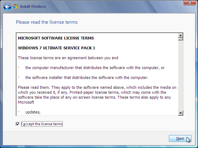 Accept The License Terms of Windows 7 And Click On Next