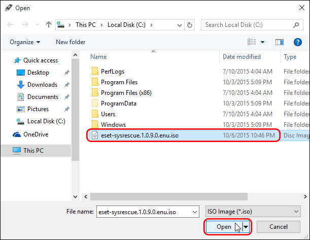 Browse And Select Eset Sysrescue Iso File