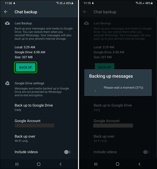 Click Backup Button To Manually Backup Your Whatsapp Chats To Google Drive
