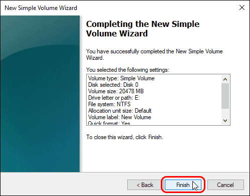 Click Finish To Create New Volume With Selected Settings
