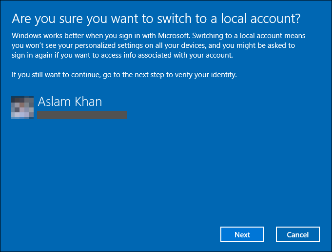 Click Next To Confirm To Switch To A Local Account In Windows 10