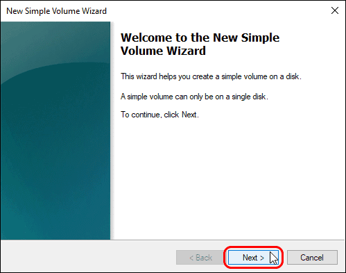 Click Next To Start New Simple Volume Wizard to make new volume from free space
