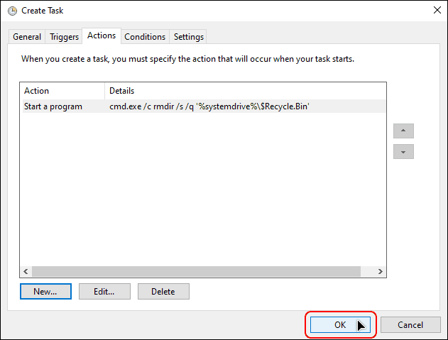 Click Ok To Create The Task To Clean Recycle Bin Data