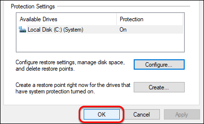 Click Ok To Enable System Restore In Windows 10
