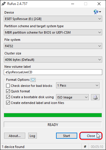 Close Rufus After Making Bootable Rescue Disk
