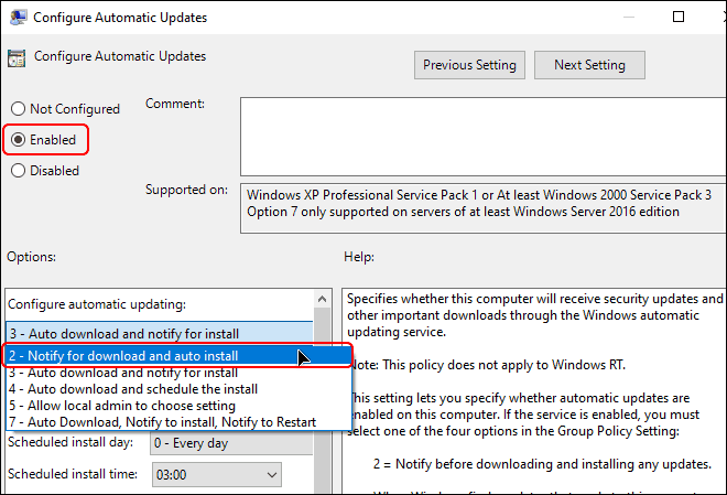 Change policy setting to Notify For Download And Auto Install