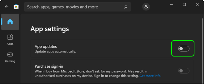 Disable The Toggle To Turn Off Automatic App Updates In Microsoft Store In Windows 11