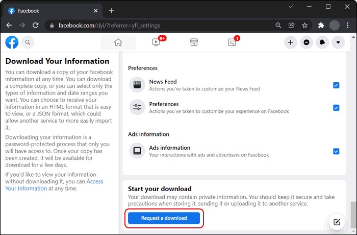 Download Your Facebook Data From Account Information Page