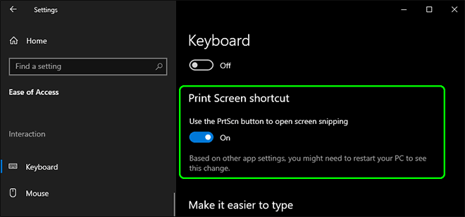 Enable Print Screen Shortcut In Windows 10