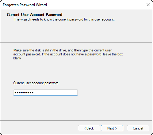 Enter Your Current Windows Password And Click Next to create password reset disk