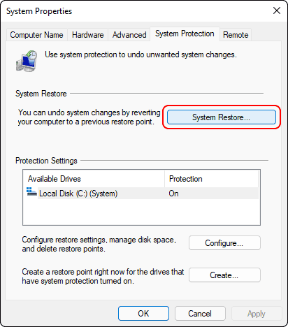 Go To System Protection Tab And Click System Restore In Windows 11