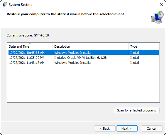 Manually Select Desired Restore Point And Click Next To Continue