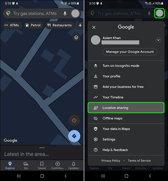Open Google Maps Tap On Profile And Select Location Sharing