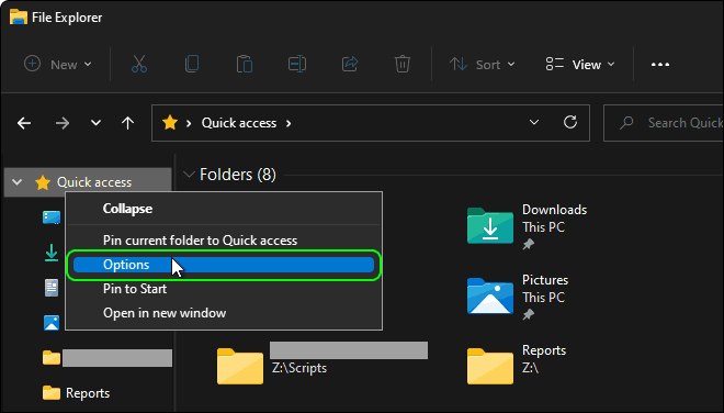 Right Click On Quick Access And Select Options