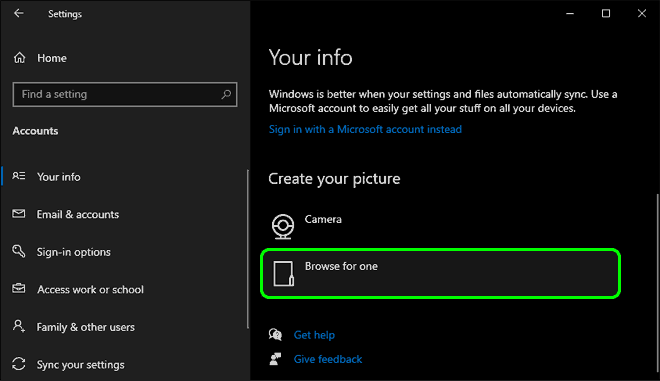 Scroll Down And Click Browse For One Under Create Your Picture To Change Profile Picture In Windows 10