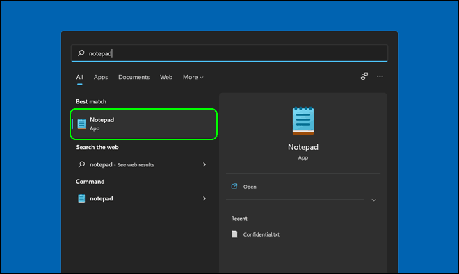 Search And Open Notepad From Start In Windows 11